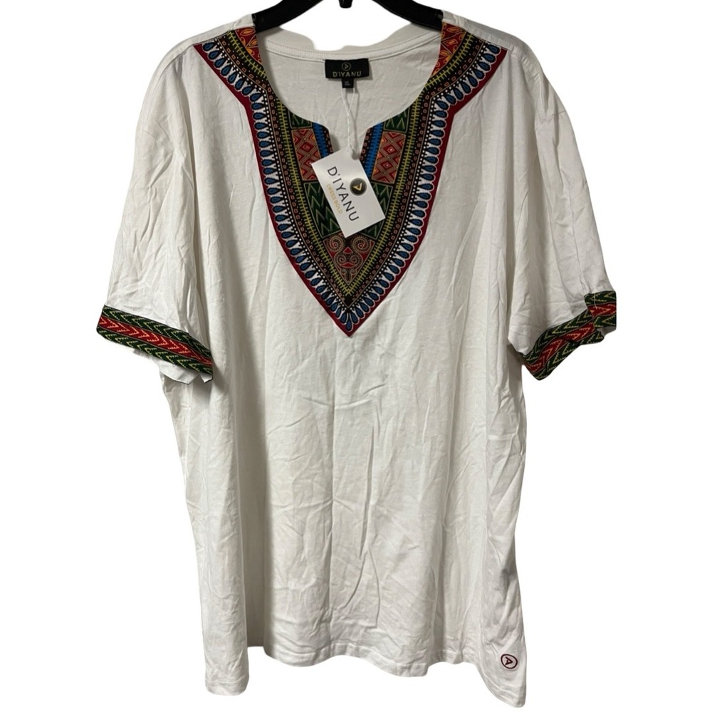 MWT D'Iyanu Mens African Print Dashiki T-Shirt White Cotton V-Neck Size XL